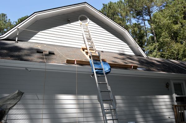 Ladder and step rigging to reach peak for painting.